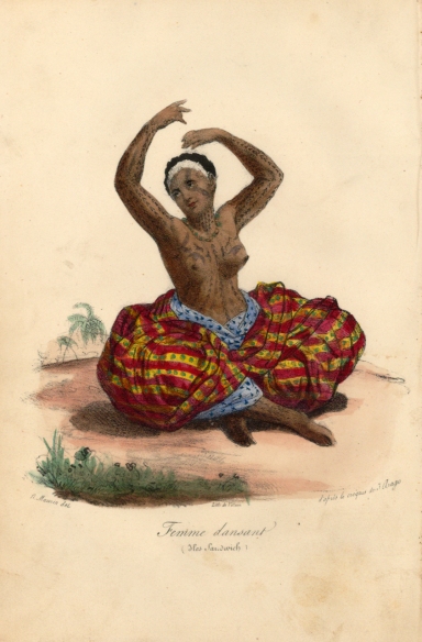 A tattooed dancer in a voluminous kapa skirt, from a drawing by the ship's artist Jacques Arago, 1819. Her short hair is died blonde at the hairline with a bleach made from lime and ki juice, as was the fashion